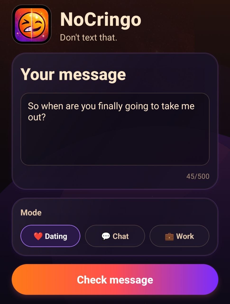 Dating mode input message before analysis in NoCringo app